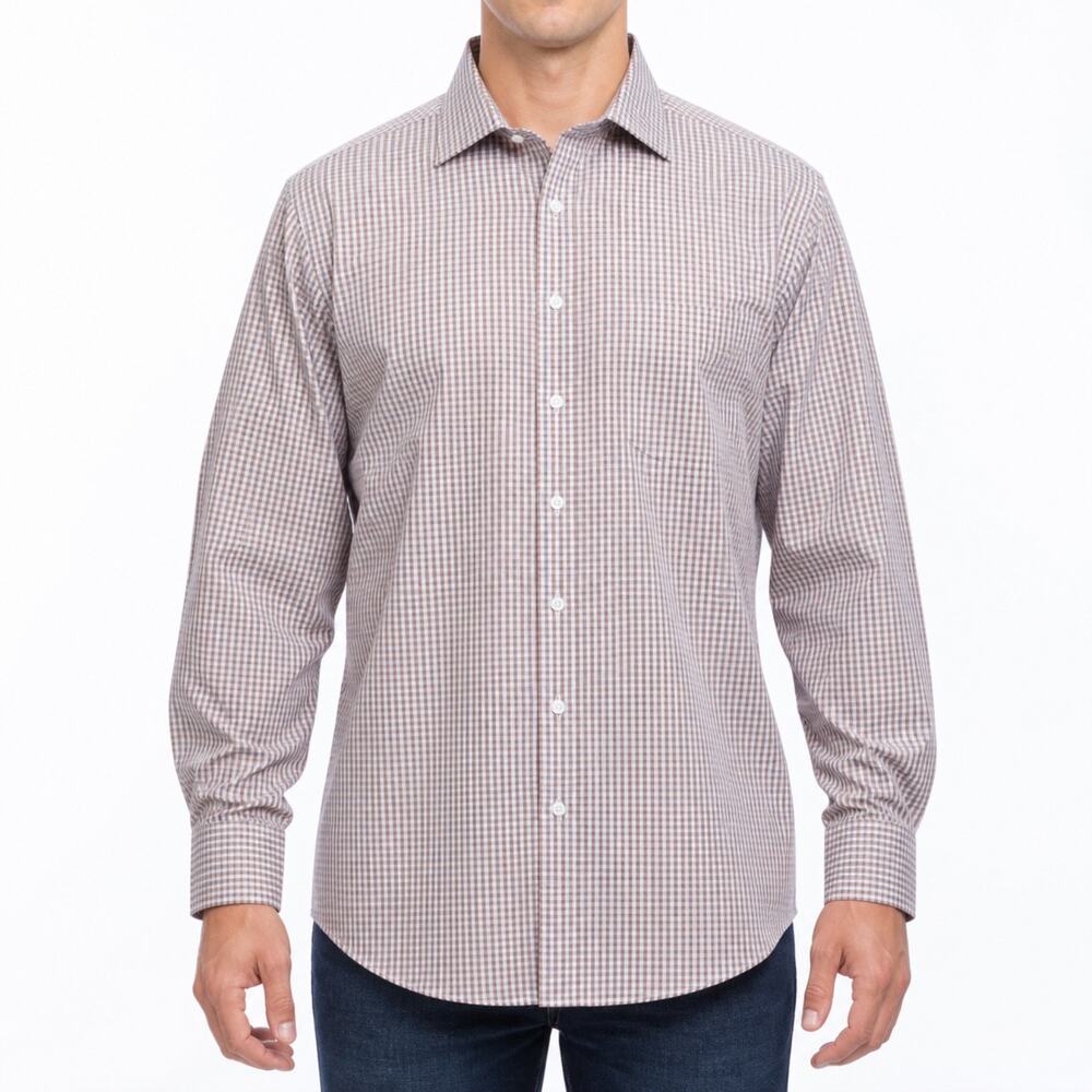 Enro Shirt Mens 16.5 34-35 Brown Blue Check Dress Long Sleeve Non Iron Cotton